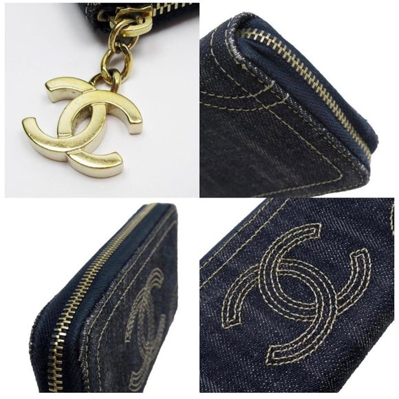 Chanel Navy Blue/Gold Denim CC Zip Around Wallet - Picture 2 of 6